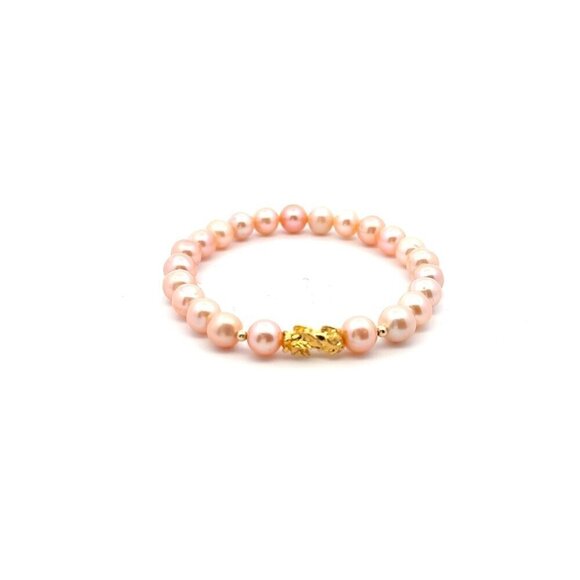18K Gold Pixiu Piyao Bracelet Gemstones Natural Freshwater Pink Pearls 7-8mm